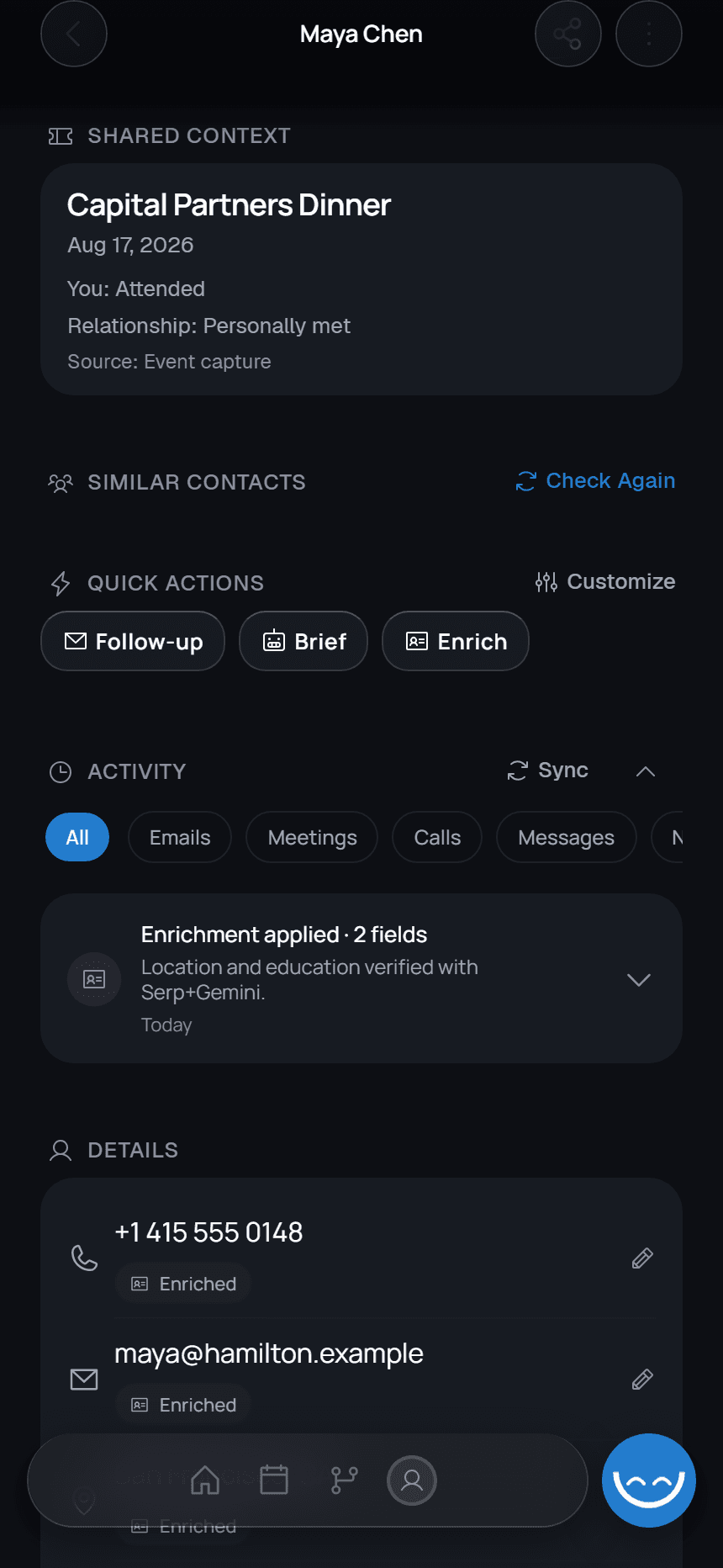 Bridge mobile contact record showing Maya Chen's unified relationship context and enrichment provenance with fictional sample data