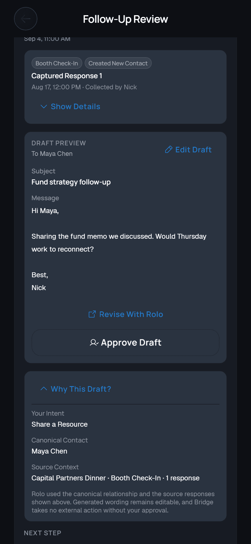 Bridge mobile follow-up review showing Rolo's prepared draft, source context, rationale, and approval control with fictional sample data
